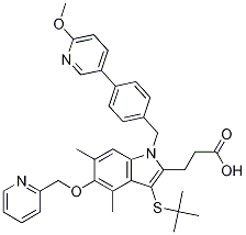 1H-Indole-2-propanoic acid, 3-[(1,1-diMethylethyl)thio]-1-[[4-(6-Methoxy-3-pyridinyl)phenyl]Methyl]-,-diMethyl-5-(2-pyridinylMethoxy)- 化学構造式