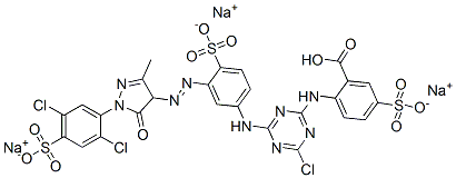 trisodium hydrogen 2-[[4-chloro-6-[[3-[[1-(2,5-dichloro-4-sulphonatophenyl)-4,5-dihydro-3-methyl-5-oxo-1H-pyrazol-4-yl]azo]-4-sulphonatophenyl]amino]-1,3,5-triazin-2-yl]amino]-5-sulphonatobenzoate,93778-50-8,结构式