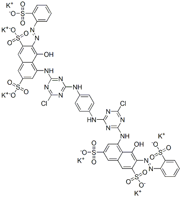 4,4'-[1,4-フェニレンビス[イミノ(6-クロロ-1,3,5-トリアジン-4,2-ジイル)イミノ]]ビス[5-ヒドロキシ-6-[(2-ポタシオスルホフェニル)アゾ]-2,7-ナフタレンジスルホン酸ジカリウム] 化学構造式
