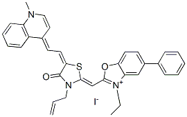 3-エチル-2-[[5-[2-(1-メチルキノリン-4(1H)-イリデン)エチリデン]-4-オキソ-3-アリルチアゾリジン-2-イリデン]メチル]-5-フェニルベンゾオキサゾール-3-イウム・ヨージド 化学構造式