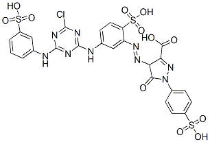 4-[[5-[[4-クロロ-6-[(3-スルホフェニル)アミノ]-1,3,5-トリアジン-2-イル]アミノ]-2-スルホフェニル]アゾ]-4,5-ジヒドロ-5-オキソ-1-(4-スルホフェニル)-1H-ピラゾール-3-カルボン酸 化学構造式