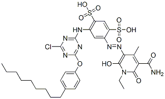 4-[[5-(aminocarbonyl)-1-ethyl-1,6-dihydro-2-hydroxy-4-methyl-6-oxo-3-pyridyl]azo]-6-[[4-chloro-6-(4-nonylphenoxy)-1,3,5-triazin-2-yl]amino]benzene-1,3-disulphonic acid,93858-29-8,结构式