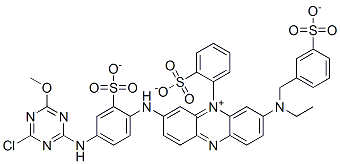 dihydrogen 3-[[4-[(4-chloro-6-methoxy-1,3,5-triazin-2-yl)amino]-2-sulphonatophenyl]amino]-7-[ethyl[(3-sulphonatophenyl)methyl]amino]-5-(sulphonatophenyl)phenazinium Structure