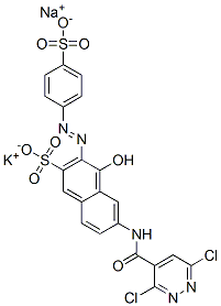 6-[[(3,6-dichloropyridazin-4-yl)carbonyl]amino]-4-hydroxy-3-[(4-sulphophenyl)azo]naphthalene-2-sulphonic acid, potassium sodium salt,94021-12-2,结构式