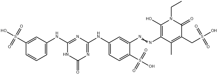 3-Pyridinemethanesulfonic  acid,  5-[2-[5-[[4,5-dihydro-4-oxo-6-[(3-sulfophenyl)amino]-1,3,5-triazin-2-yl]amino]-2-sulfophenyl]diazenyl]-1-ethyl- Struktur
