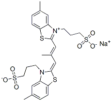 hydrogen 5-methyl-2-[2-methyl-3-[5-methyl-3-(3-sulphonatopropyl)-3H-benzothiazol-2-ylidene]prop-1-enyl]-3-(3-sulphonatopropyl)benzothiazolium, sodium salt,94158-27-7,结构式