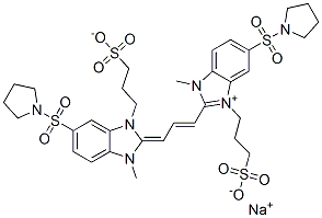 1H-Benzimidazolium, 2-[3-[1,3-dihydro-1-methyl-5-(1-pyrrolidinylsulfonyl)-3-(3-sulfopropyl)-2H-benzimidazol-2-ylidene]-1-propenyl]-1-methyl-5-(1-pyrrolidinylsulfonyl)-3-(3-sulfopropyl)-, hydroxide, inner salt, sodium salt 结构式