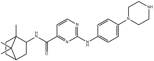 4-PYRIMIDINECARBOXAMIDE, 2-[[4-(1-PIPERAZINYL)PHENYL]AMINO]-N-(1,7,7-TRIMETHYLBICYCLO[2.2.1]HEPT-2-YL)- Struktur