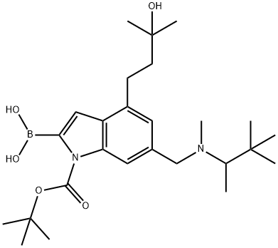 1H-Indole-1-carboxylic acid, 2-borono-4-(3-hydroxy-3-methylbutyl)-6-[[methyl(1,2,2-trimethylpropyl)amino]methyl]-, 1-(1,1-dimethylethyl) ester Struktur