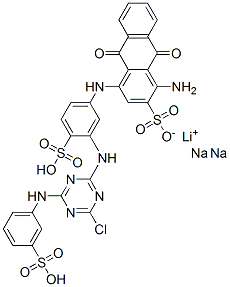 2-Anthracenesulfonic acid, 1-amino-4-[[3- [[4-chloro-6-[(3-sulfophenyl)amino] -1,3,5-triazin-2-yl]amino]-4-sulfophenyl]amino]-9,10-dihydro-9,10-dioxo-, monolithiumdisodium salt|1-氨基-4-[[3-[[4-氯-6-[(3-磺苯基)氨基]-1,3,5-三嗪-2-基]氨基]-4-磺苯基]氨基]-9,10-二氢-9,10-二氧-2-蒽磺酸锂二钠