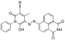 3-Pyridinecarbonitrile,  5-[2-(2,3-dihydro-1,3-dioxo-1H-benz[de]isoquinolin-6-yl)diazenyl]-1,2-dihydro-6-hydroxy-4-methyl-2-oxo-1-phenyl- Struktur