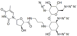 (2S,3S,5R)-N-(3-((1S,2S,3S,5R,6R)-3,5-DIAZIDO-2-((2S,3R,4R,5S,6R)-3-AZIDO-6-(AZIDOMETHYL)-4,5-DIHYDROXYTETRAHYDRO-2H-PYRAN-2-YLOXY)-6-HYDROXYCYCLOHEXYLAMINO)PROPYL)-3-HYDROXY-5-(5-METHYL-2,4-DIOXO-3,4-DIHYDROPYRIMIDIN-1(2H)-YL)TETRAHYDROFURAN-2-CARBOXAMIDE 结构式