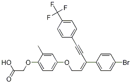 Acetic acid, 2-[4-[[(2Z)-3-(4-broMophenyl)-5-[4-(trifluoroMethyl)phenyl]-2-penten-4-yn-1-yl]oxy]-2-Methylphenoxy]-,948997-13-5,结构式