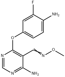 5-Pyrimidinecarboxaldehyde,  4-amino-6-(4-amino-3-fluorophenoxy)-,  O-methyloxime 化学構造式