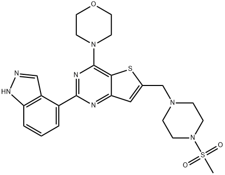 Thieno[3,2-d]pyrimidine, 2-(1H-indazol-4-yl)-6-[[4-(methylsulfonyl)-1-piperazinyl]methyl]-4-(4-morpholinyl)- Structure