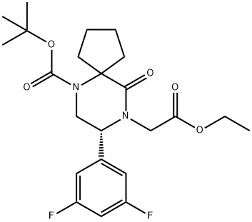 (R)-tert-butyl 8-(3,5-difluorophenyl)-9-(2-ethoxy-2-oxoethyl)-10-oxo-6,9-diazaspiro[4.5]decane-6-carboxylate Struktur
