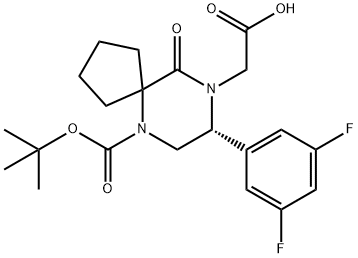 (R)-2-(6-(TERT-ブチルトキシカルボニル)-8-(3,5-ジフルオロフェニル)-10-オキソ-6,9-ジアザスピロ[4.5]デカン-9-イル)酢酸 化学構造式