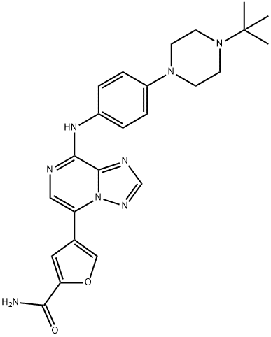 4-(8-((4-(4-(tert-butyl)piperazin-1-yl)phenyl)aMino)-[1,2,4]triazolo[1,5-a]pyrazin-5-yl)furan-2-carboxaMide 化学構造式