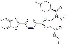 3-Furancarboxylic  acid,  5-[4-(2-benzoxazolyl)phenyl]-2-[[(trans-4-methylcyclohexyl)carbonyl](1-methylethyl)amino]-,  ethyl  ester 结构式