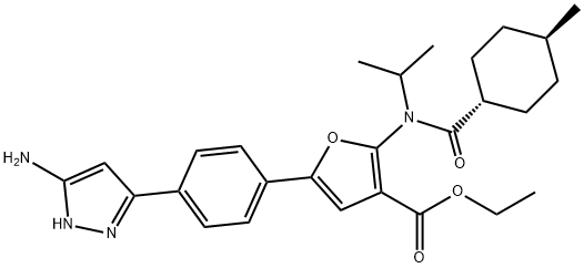 3-Furancarboxylic  acid,  5-[4-(5-amino-1H-pyrazol-3-yl)phenyl]-2-[[(trans-4-methylcyclohexyl)carbonyl](1-methylethyl)amino]-,  ethyl  ester Struktur