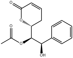 [S,(+)]-6β-[(1S,2S)-1-アセチルオキシ-2-ヒドロキシ-2-フェニルエチル]-5,6-ジヒドロ-2H-ピラン-2-オン 化学構造式