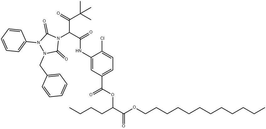 1-ドデシルオキシカルボニルペンチル3-[2-(1-ベンジル-3,5-ジオキソ-2-フェニル-1,2,4-トリアゾリジン-4-イル)-4,4-ジメチル-3-オキソバレリルアミノ]-4-クロロベンゾアート 化学構造式