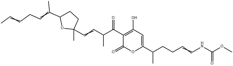 [5-[4-ヒドロキシ-3-[2-メチル-1-オキソ-4-[テトラヒドロ-2-メチル-5-(1-メチル-1,4-ヘキサジエニル)フラン-2-イル]-3-ブテニル]-2-オキソ-2H-ピラン-6-イル]-1-ヘキセニル]カルバミド酸メチル 化学構造式