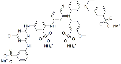 Phenazinium, 3-[[4-[[4-chloro-6-[(3-phosphonophenyl)amino]-1,3,5-triazin-2-yl]amino]-2-sulfophenyl]amino]-7-[ethyl[(3-sulfophenyl)methyl]amino]-5-(4-methoxy-3-sulfophenyl)-, hydroxide, inner salt, ammonium sodium salt Struktur