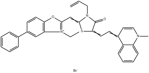 3-エチル-2-[[5-[2-(1-メチルキノリン-4(1H)-イリデン)エチリデン]-4-オキソ-3-(2-プロペニル)-チアゾリジン-2-イリデン]メチル]-5-フェニルベンゾオキサゾール-3-イウム・ブロミド 化学構造式