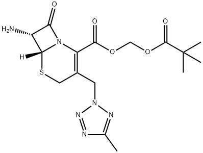 (6R,7R)-7-アミノ-3-[(5-メチル-2H-テトラゾール-2-イル)メチル]-8-オキソ-5-チア-1-アザビシクロ[4.2.0]オクタ-2-エン-2-カルボン酸ピバロイルオキシメチル 化学構造式