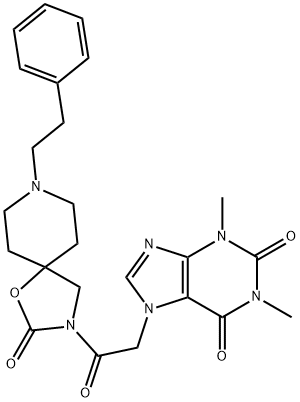 1,3-dimethyl-7-[2-oxo-2-(2-oxo-8-phenethyl-1-oxa-3,8-diazaspiro[4.5]dec-3-yl)ethyl]purine-2,6-dione 化学構造式