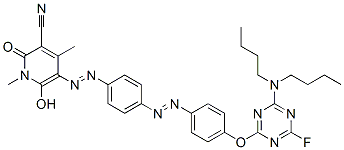 3-シアノ-5-[4-[4-[4-(ジブチルアミノ)-6-フルオロ-1,3,5-トリアジン-2-イルオキシ]フェニルアゾ]フェニルアゾ]-6-ヒドロキシ-1,4-ジメチル-2(1H)-ピリドン 化学構造式