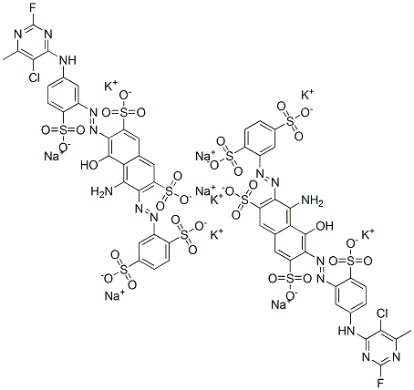 2,7-Naphthalenedisulfonic acid, 4-amino-6-[[5-[(5-chloro- 2-fluoro-6-methyl-4-pyrimidinyl)amino]-2-sulfophenyl ]azo]-3-[(2,5-disulfophenyl)azo]-5-hydroxy-, potassium sodium salt Structure