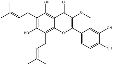 2-(3,4-Dihydroxyphenyl)-5,7-dihydroxy-3-methoxy-6,8-bis(3-methyl-2-butenyl)-4H-1-benzopyran-4-one Struktur