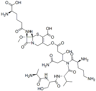 (7S)-7-[[(R)-5-Amino-5-carboxy-1-oxopentyl]amino]-7-methoxy-3-[[[6-amino-3-hydroxy-4-(L-alanyl-L-seryl-L-ornithyl-L-valylamino)-1,6-dioxohexyl]oxy]methyl]cepham-3-ene-4-carboxylic acid 结构式