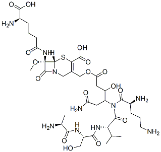 (7S)-7-[[(R)-5-Amino-5-carboxy-1-oxopentyl]amino]-7-methoxy-3-[[[6-amino-3-hydroxy-4-(L-alanyl-L-seryl-L-ornithyl-L-valylamino)-1,6-dioxohexyl]oxy]methyl]cepham-3-ene-4-carboxylic acid,99313-75-4,结构式