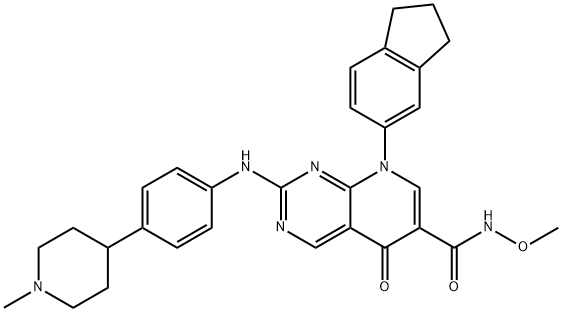8-(2,3-dihydro-1H-inden-5-yl)-N-methoxy-2-(4-(1-methylpiperidin-4-yl)phenylamino)-5-oxo-5,8-dihydropyrido[2,3-d]pyrimidine-6-carboxamide Struktur