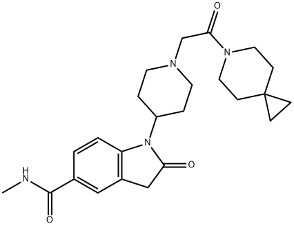1H-Indole-5-carboxamide, 1-[1-[2-(6-azaspiro[2.5]oct-6-yl)-2-oxoethyl]-4-piperidinyl]-2,3-dihydro-N-methyl-2-oxo- Struktur