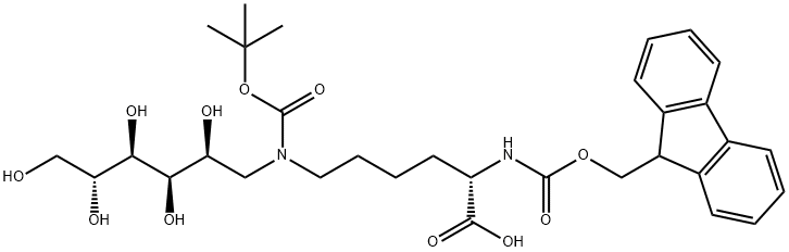 6-[tert-butoxycarbonyl-(2,3,4,5,6-pentahydroxy-hexyl)-amino]-2-(9H-fluoren-9-ylmethoxycarbonylamino)-hexanoic acid Struktur