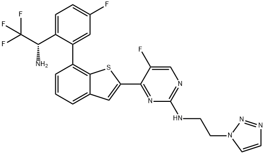 2-Pyrimidinamine, 4-[7-[2-[(1S)-1-amino-2,2,2-trifluoroethyl]-5-fluorophenyl]benzo[b]thien-2-yl]-5-fluoro-N-[2-(1H-1,2,3-triazol-1-yl)ethyl]- 结构式
