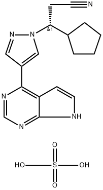 (BETAR)-BETA-环戊基-4-(7H-吡咯并[2,3-D]嘧啶-4-基)-1H-吡唑-1-丙腈硫酸盐,1092939-16-6,结构式