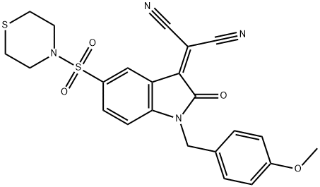 2-[(4-METHOXYBENZYL)-2-OXO-5-(THIOMORPHOLINOSULFONYL)INDOLIN-3-YLIDENE]MALONONITRILE 结构式