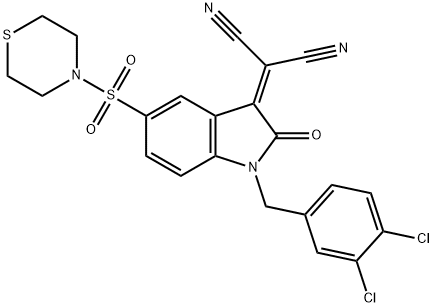 2-[1-(3,4-Dichlorobenzyl)-2-oxo-5-(thiomorpholinosulfonyl)indolin-3-ylidene]malononitrile 结构式