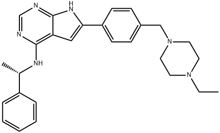 6-[4-[(4-Ethyl-1-piperazinyl)methyl]phenyl]-N-[(1S)-1-phenylethyl]-7H-pyrrolo[2,3-d]pyrimidin-4-amine Struktur
