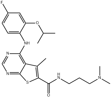 N-(3-(dimethylamino)propyl)-4-(4-fluoro-2-isopropoxyphenylamino)-5-methylthieno[2,3-d]pyrimidine-6-carboxamide 结构式