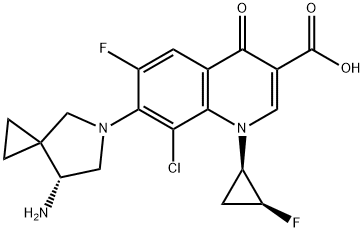 7-[(7R)-7-アミノ-5-アザスピロ[2.4]ヘプタン-5-イル]-8-クロロ-6-フルオロ-1-[(1R,2S)-2-フルオロシクロプロピル]-4-オキソ-1,4-ジヒドロキノリン-3-カルボン酸 化学構造式