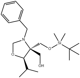 (4R,5S)-N-Benzyl-4-(t-butyldimethylsilyloxymethyl)-4-hydroxymethyl-5-isopropyloxazoladine, 145452-01-3, 结构式