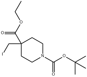 4-(ヨードメチル)ピペリジン-4-カルボン酸エチル, N-BOC保護 化学構造式