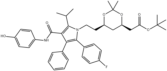 tert-butyl 2-((4R,6R)-6-(2-(2-(4-
fluorophenyl)-4-(4-
hydroxyphenylcarbamoyl)-5-isopropyl-3-
phenyl-1H-pyrrol-1-yl)ethyl)-2,2-
dimethyl-1,3-dioxan-4-yl)acetate Structure