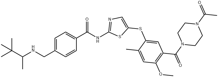 N-[5-[3-(4-アセチルピペラジノカルボニル)-4-メトキシ-6-メチルフェニルチオ]-2-チアゾリル]-4-[(1,2,2-トリメチルプロピルアミノ)メチル]ベンズアミド 化学構造式